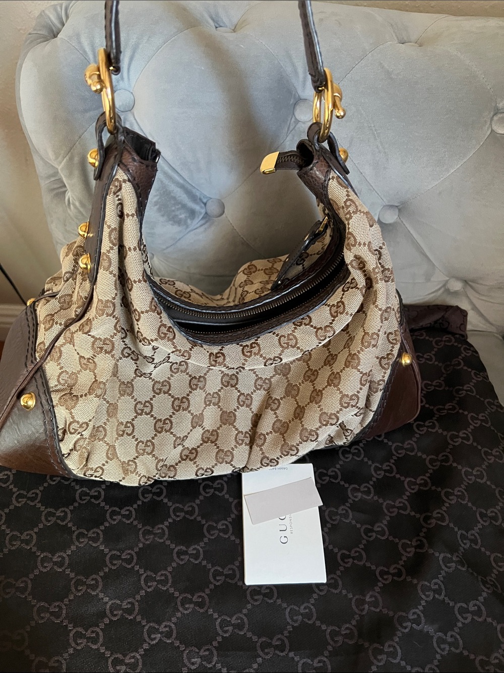 ✨Gucci Beige/Brown Monogram Canvas Shoulder Bag with Gold Hardware✨